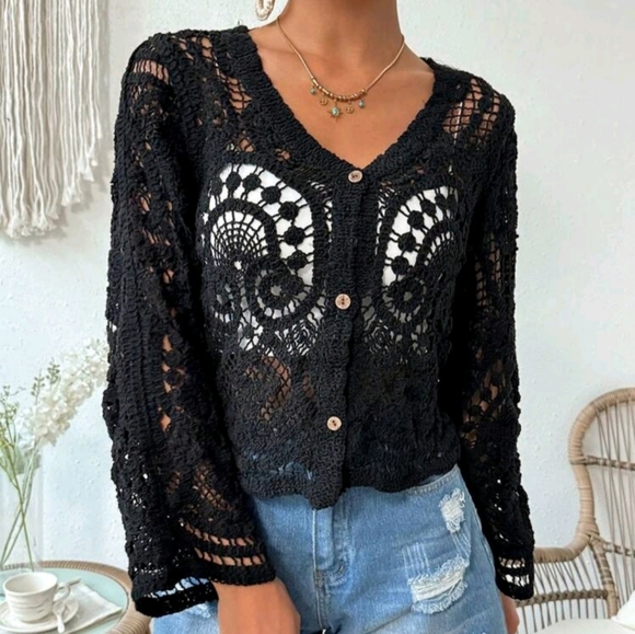 NWOT Black Crochet Button-Front Cardigan 🖤 - Picture 4 of 8